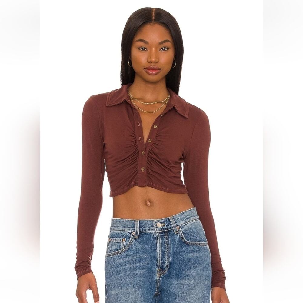 Lovers + Friends Bernie Crop Top Brown Size XL Long Sleeve Button Down NWT